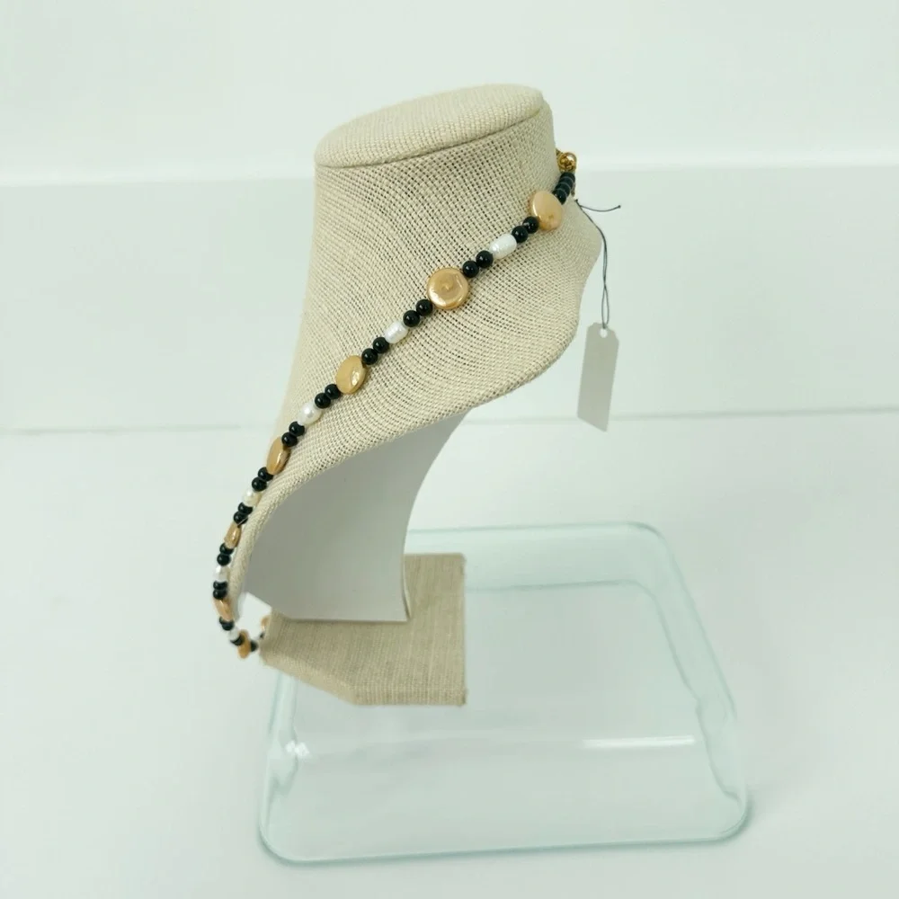 NWT Genuine Black Onyx & Pearls Necklace Black Bronze White
